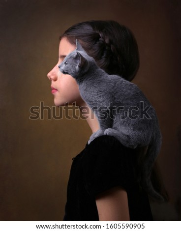 Portrait of Girl with Russian Blue Cat