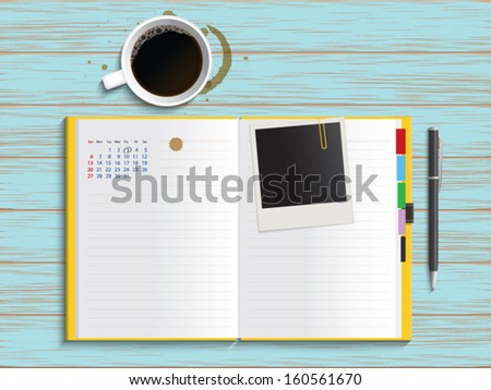 Diary with coffee on vintage table