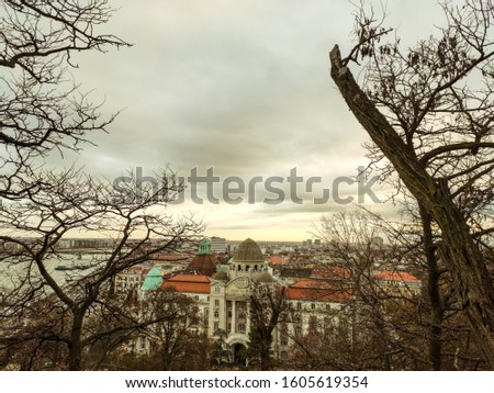 A wonderful view from the hill to the Gellert Thermal Baths in Budapest. Photoed inbetween the trees.