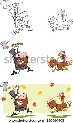 Angry Pilgrim Man Chasing With Axe A Turkey. Vector Collection Set