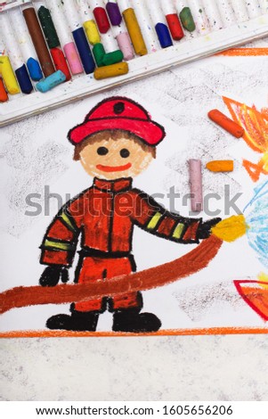 Photo of colorful drawing: Smiling Fireman using water to fighting with fire. Firefighter in action