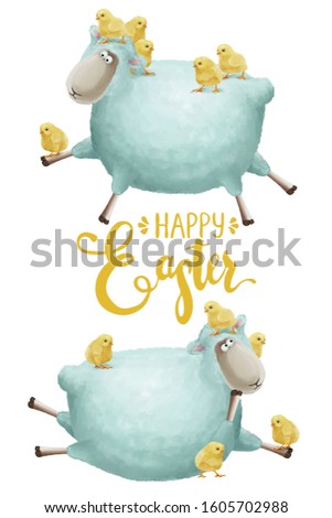 Funny cartoon sheep with chicks on white background. Easter illustration white isolated