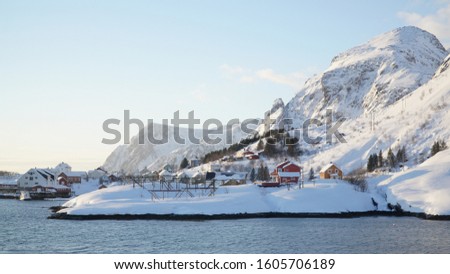 Snowy Å village near Reine during winter at the Lofoten Islands of Norway.