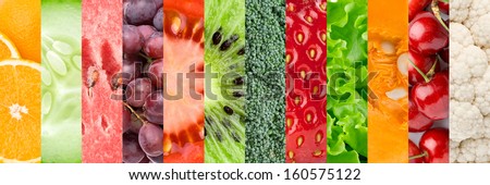 Collage with different fruits, berries and vegetables Royalty-Free Stock Photo #160575122