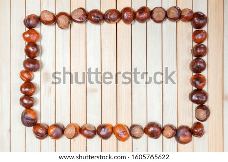 Frame from chestnut fruit on light wooden background. Top view. With place for text.