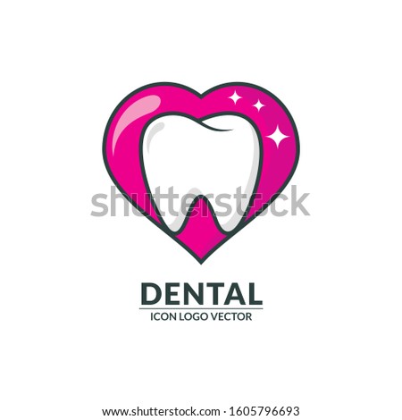 Dental logo with pink love icon vector, suitable for dentistry, dental clinic, family dental health care, healthy tooth etc.