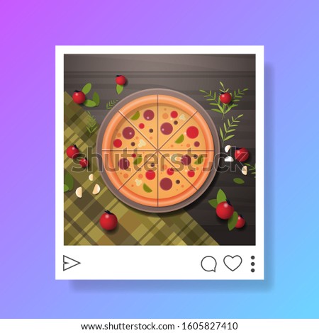 photo of prepared tasty pizza for blog food blogging social media concept food hunter review vector illustration