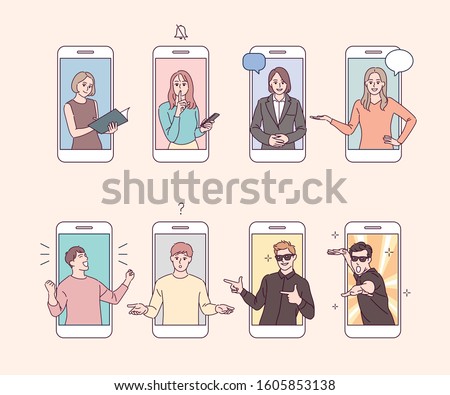 Various content in your mobile phone. People in smartphones are doing various things. hand drawn style vector design illustrations. 