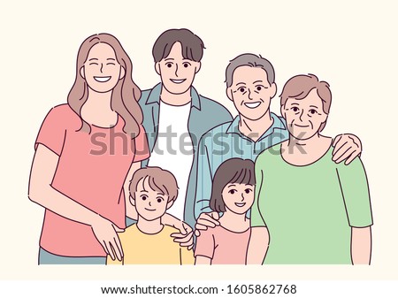 Happy family portrait. hand drawn style vector design illustrations. 