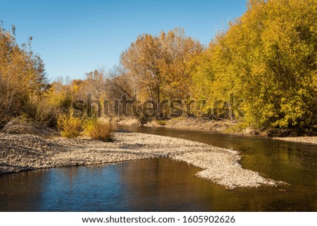A view of the Boise River, blue sky in Idaho in the fall.