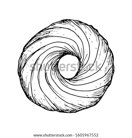 Bun. Illustrations for coffee houses or cafes. Hand drawn vector illustration. Monochrome black and white ink sketch. Isolated on white background. Coloring page.
