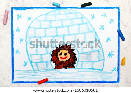 Photo of colorful drawing:  Smiling eskimo in igloo