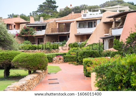 Windows and balconies of residential house complex, Sardinia, Italy