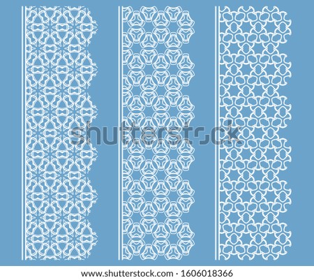 Vector set of line borders with geometric repeating texture. Isolated design elements for page decoration, headline, banners, wedding invitation cards. Fashion white lace collection