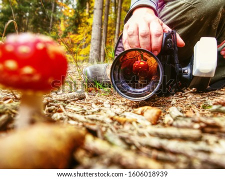 Mushroom mirroring in camera lens while photographer take picture 
