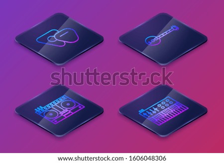 Set Isometric line Guitar pick, DJ remote for playing and mixing music, Banjo and Music synthesizer. Blue square button. Vector