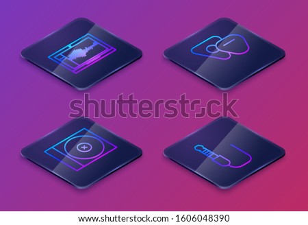 Set Isometric line Sound or audio recorder on laptop, CD or DVD disk, Guitar pick and Audio jack. Blue square button. Vector