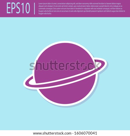 Retro purple Planet Saturn with planetary ring system icon isolated on turquoise background.  Vector Illustration