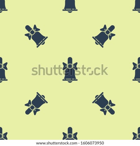 Blue Merry Christmas ringing bell icon isolated seamless pattern on yellow background. Alarm symbol, service bell, handbell sign, notification.  Vector Illustration