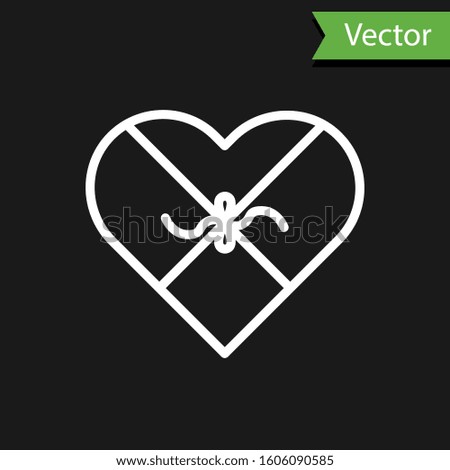 White line Candy in heart shaped box and bow icon isolated on black background. Valentines Day.  Vector Illustration