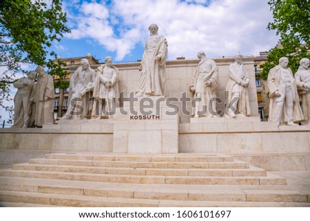 A group of white marble statues in the Kossuth Square as a memorial to Lajos Kossuth, a famous Hungarian politician and statesman Royalty-Free Stock Photo #1606101697
