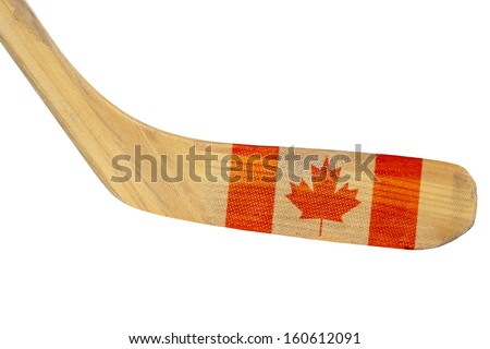 Hockey stick with the image of the Canadian flag. Isolated