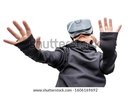 woman in 360 view virtual reality headset playing the game isolated on white background. 3D device gadget for watching movies for travel and entertainment in 3d space.. Cardboard VR AR glasses