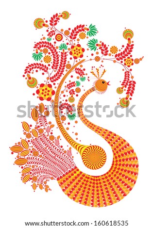 Fire bird with decorative wings and tail patterns isolated on white