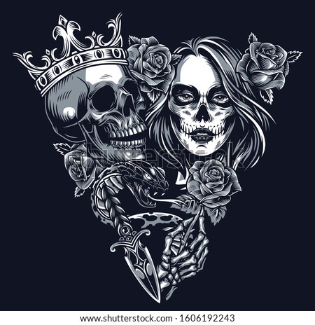 Vintage chicano tattoo concept in triangle shape with skull in crown snake dagger skeleton hand holding rose and girl head with sugar skull makeup isolated vector illustration
