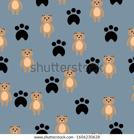 Seamless pattern with cute teddy bear and footprints in a flat style. Stock vector illustration for decoration and design, wrapping paper, baby textiles, postcards, fabrics, wallpapers, packaging