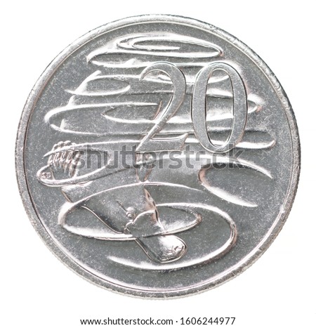 Coin of 20 Australian cents with the image of a platypus on a white background