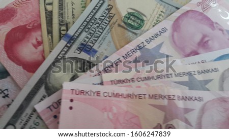 American dollar Chinese yuan Turkish lira paper money background