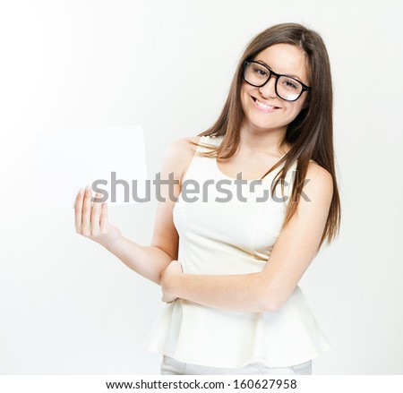 young smiling woman holding blank business card