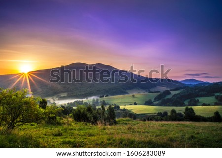Sunrise over the Bieszczady Mountains. Połonina Carynska on summer scenery. Royalty-Free Stock Photo #1606283089