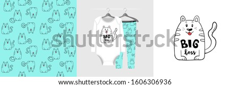 Seamless pattern and illustration for kid with heavy cat, Big Boss. Cute design pajamas, baby background for clothes, room birthday decor, t-shirt print, kids wear fashion, wrapping