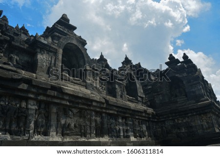 Panorama of Borobudur temple building in the morning with bright blue sky. Borobudur Temple, Central Java, Indonesia