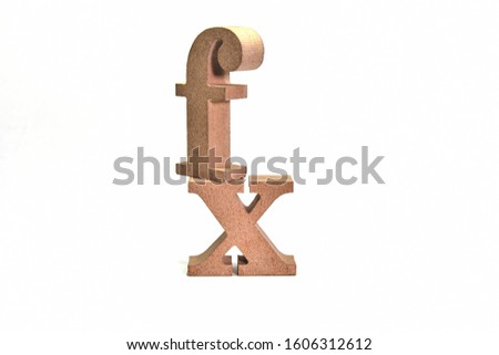 Wooden English alphabet "f and x" on white background isolated 