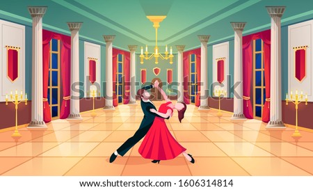 Ballroom hall, waltz dancers in royal palace room, vector background. Man and woman dancing waltz in ball room with luxury interior, marble columns and curtains, golden candelabra and candles Royalty-Free Stock Photo #1606314814