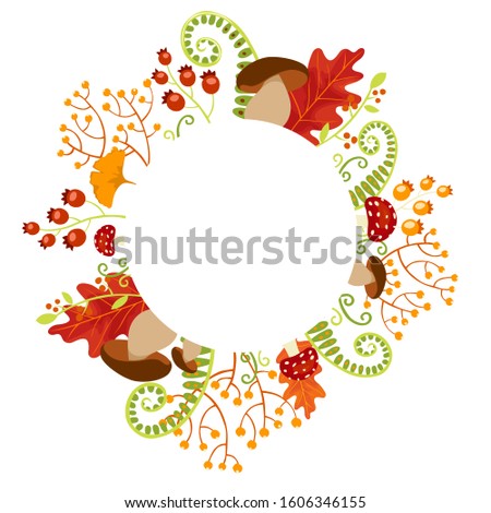 Vector wreath frame from wild berries, mushrooms, fern and herbs in cartoon flat style