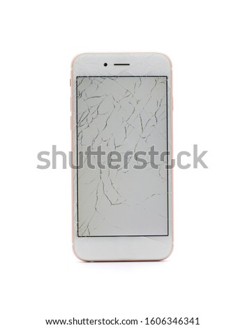 Touch screen smart phone with broken screen isolated on white background, front view photo.