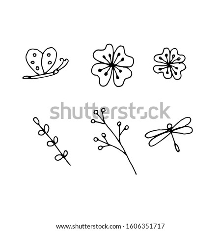 Set of butterfly, dragonfly, flower, twigs. Hand drawn stock vector illustration. Doodle style isolated on white background. Use for greeting card and invitation elements.