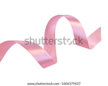 Curled pink holiday ribbon strip isolated on white background. ribbon element for greeting card for saint valentines day mothers day
