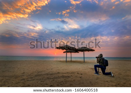 Wonderful sunrise view in fanateer beach Jubail city Saudi Arabia Royalty-Free Stock Photo #1606400518