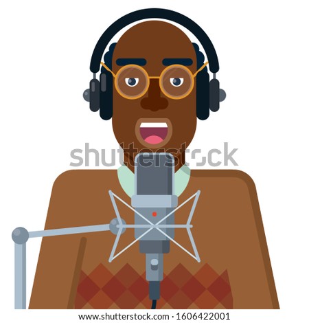 vector illustration with person speaking into microphone and wearing headphones