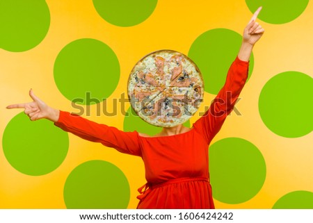 Contemporary art collage. Minimal pizza lover concept. Pizza and girl in red dress.