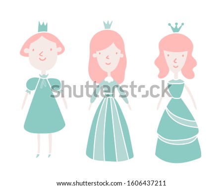 Vector cute princess set. Pink and blue color kawaii princesses. Illustration isolated on white background. For childish design. concept, textile and children books