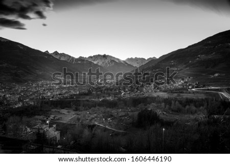 Panorama of Aosta city in italy in black and white