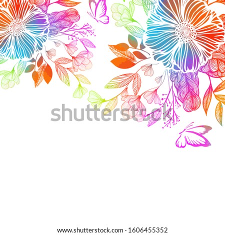 Rainbow abstract flower with butterflies. Mixed media. Vector illustration
