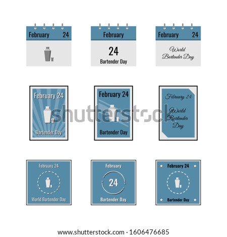Thematic pictures by February 24. Calendar sheet, poster on the wall, square stamp. Bartender day icon with shaker and shot. Isolated illustration on white background. Flat style. Vector stock image