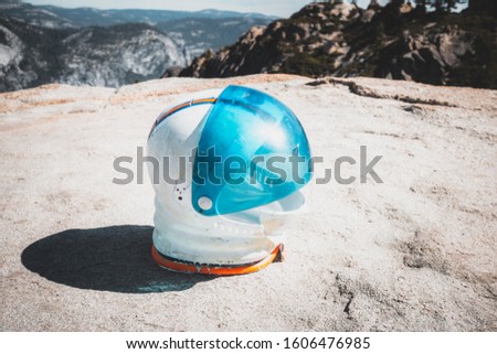 Blue helmet yosemite national park climber headwear blue sky nature hippie style space wear